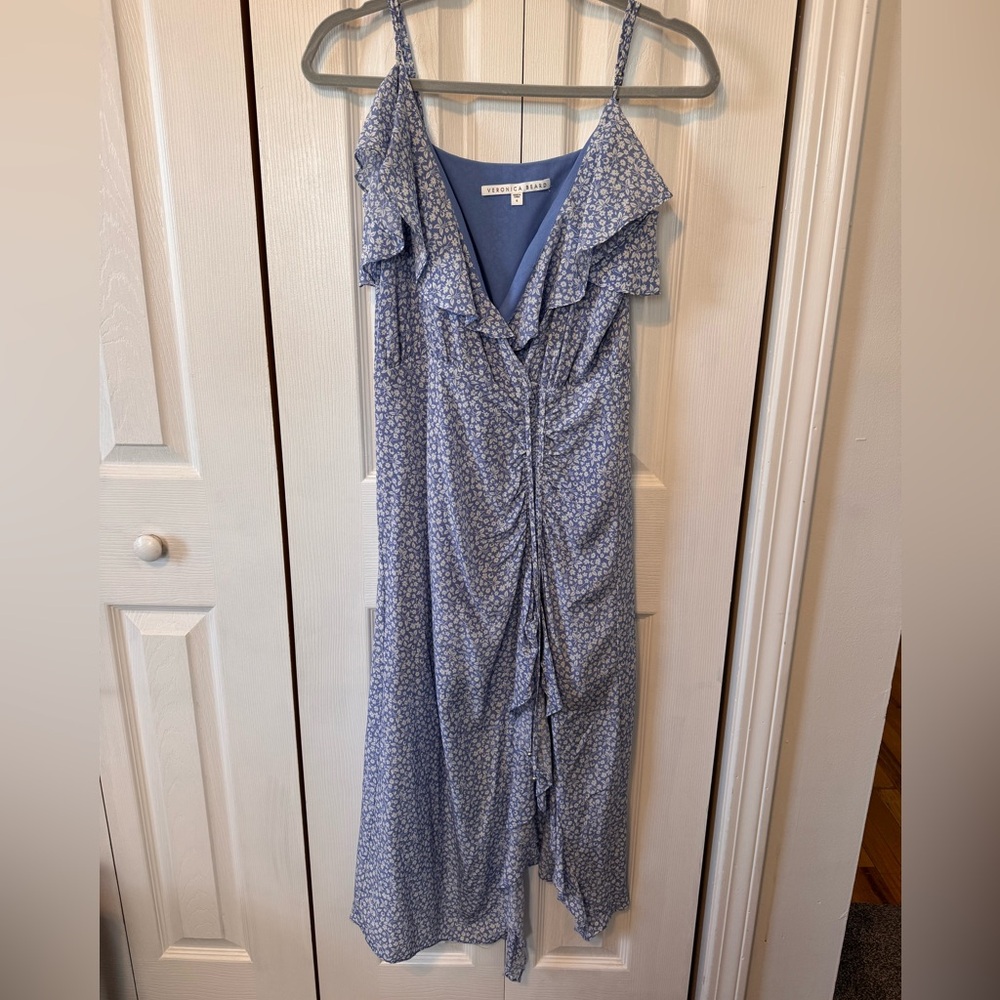Veronica Beard Blue Spaghetti Strap Ruffle Ruched Midi Dress Spring/Summer Sz 6 - Picture 2 of 12